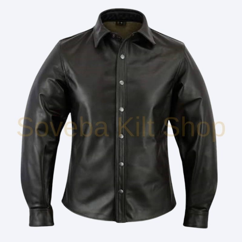Black Leather Shirt Jacket Mens Full Sleeves, Free Delivery Soveba Kilt