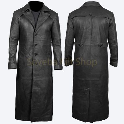 Mens Long Black Leather Trench Coat | Single Breasted Coat