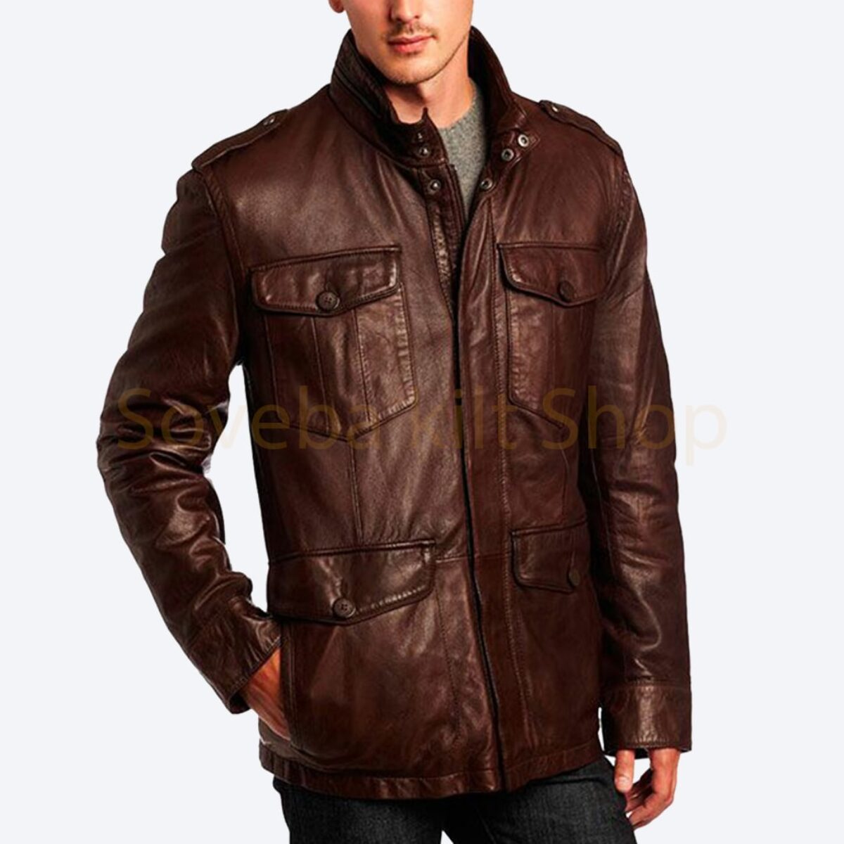 Brown Leather Men's Leather Car Coat Jacket with Pockets