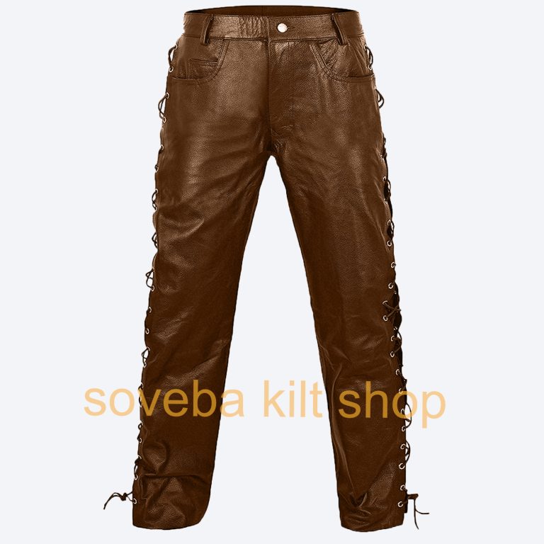 Mens Brown Leather Laceup Sides Fashion Pants Best Laceup Pant