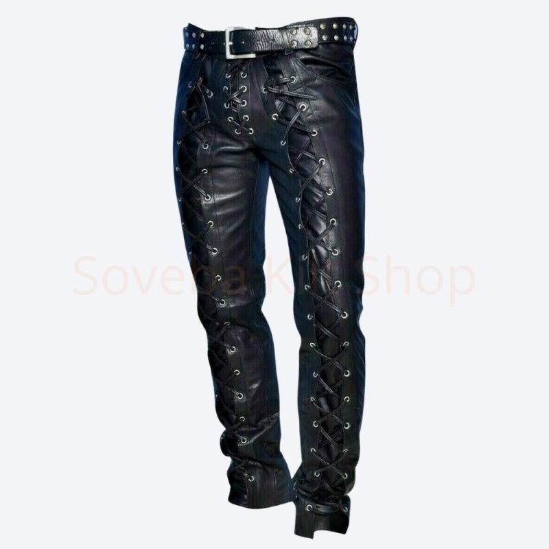Men Cowboy Lace Up Leather Pants main image 1
