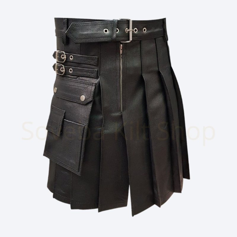 Men Black Leather Pleated Kilt With Zipper | Fashion Kilt