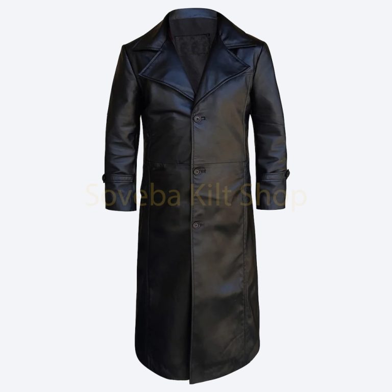 Genuine Black Leather Trench Coat For Men Full Length OverCoat
