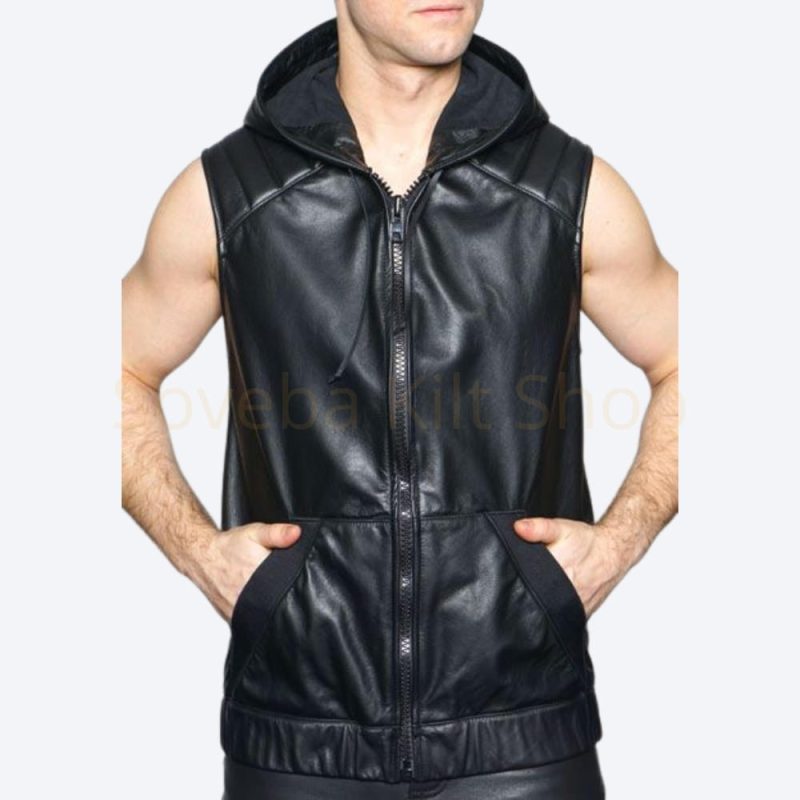 Leather Vest With Hood Men Special Genuine Leather Hooded Vest