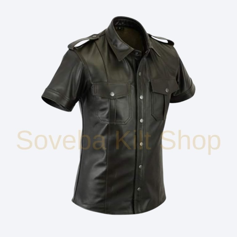 Mens Black Leather Police Shirt – Genuine Lambskin, Full Sleeves Uniform Style with Zippers & Decorative Buckles - (PSF-G)