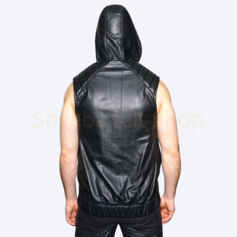 Men’s Black Genuine Leather Hooded Vest with Front Zip