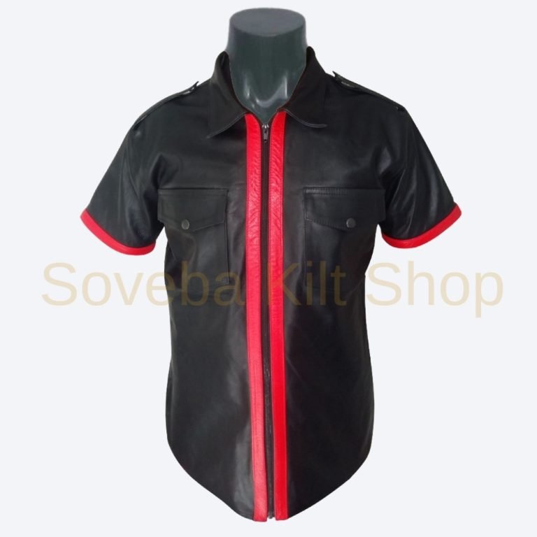 Mens Genuine Sheep Or Cow Black Leather Police Uniform Style Shirt - (PSF-BLK) main image 0