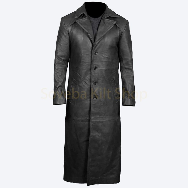 Mens Long Black Leather Trench Coat | Single Breasted Coat