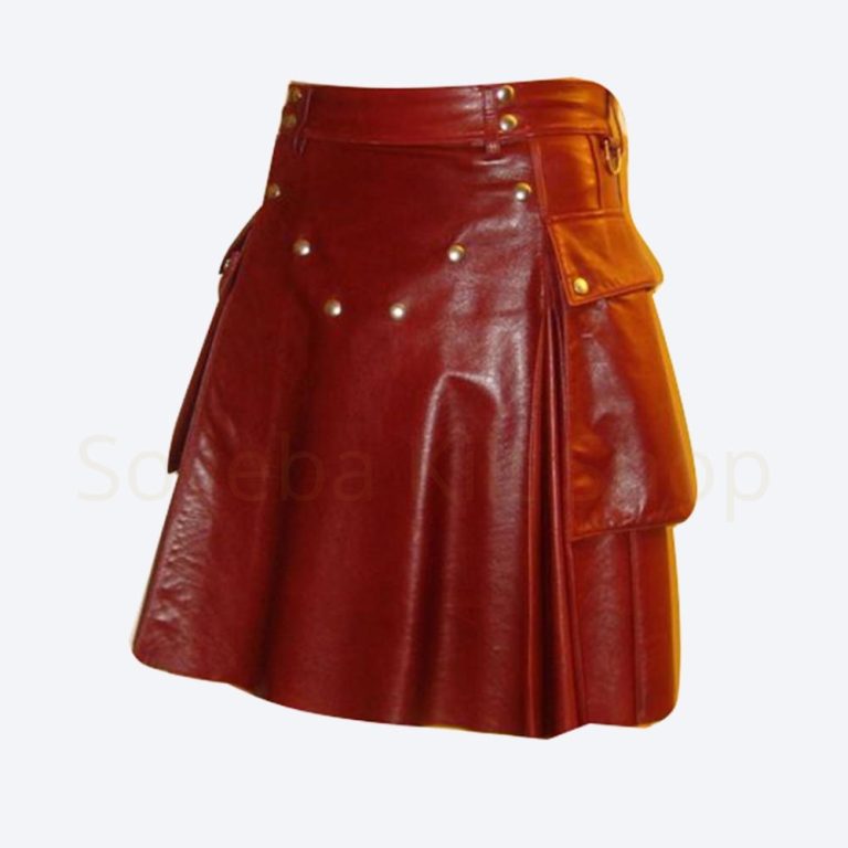 Red Leather Kilt With Stud Buttons - Mens Red Leather Kilt - Soveba Kilt