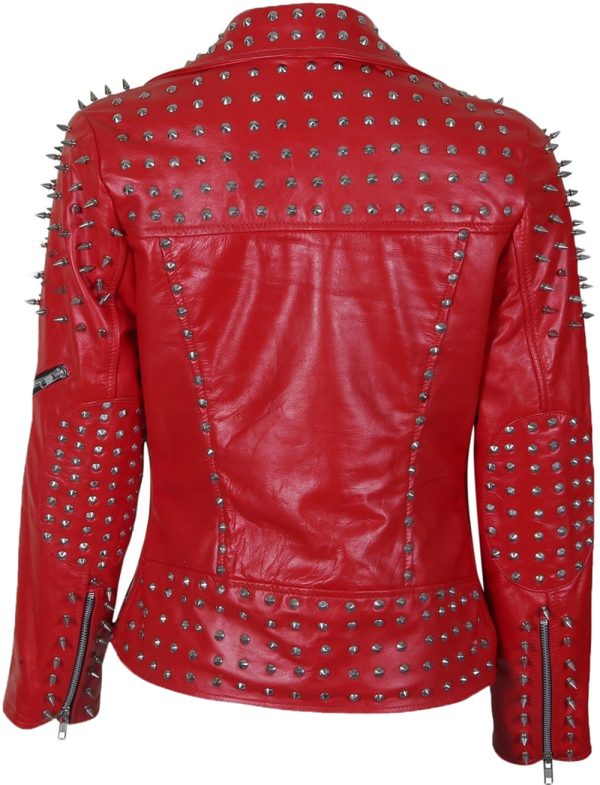 Red Studded And Spiked Leather Jacket Women