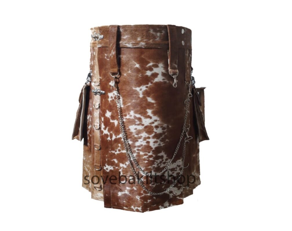 Cow Hair Leather Kilt with Cow Pattern, Chains, and Pockets