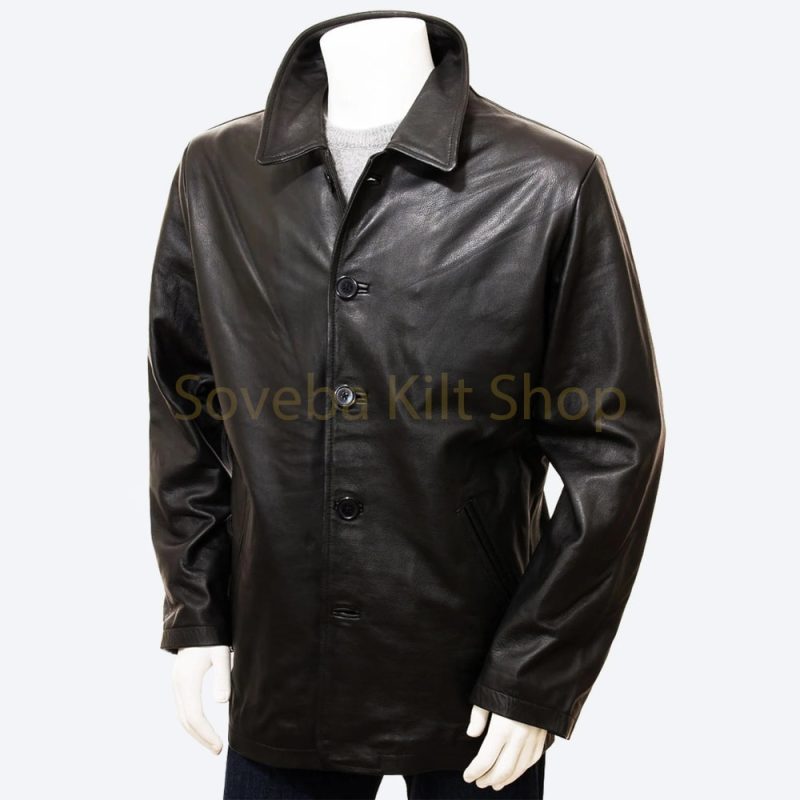 Mens Black Leather Car Coat