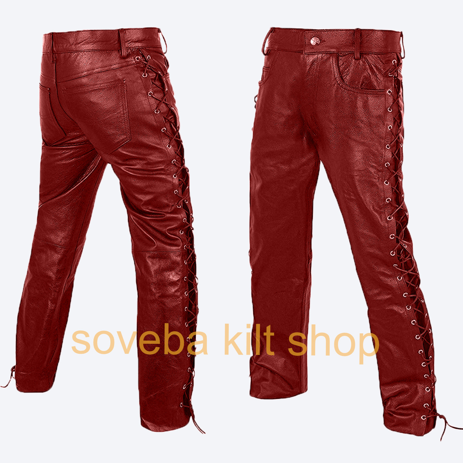Red Leather Lace Up Sides Pant For Men - Mens