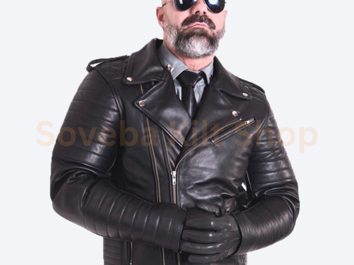 Gay Leather Jacket Men Notch Lapel, Quilted, Double Zipper, Pockets