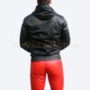 red trouser and black bomber jacket