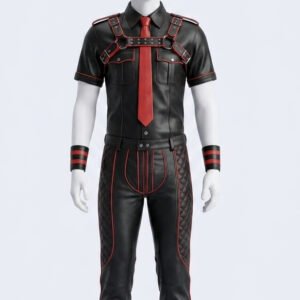Premium Black Leather Gay Fetish Gear Suit with Striking Red Accents