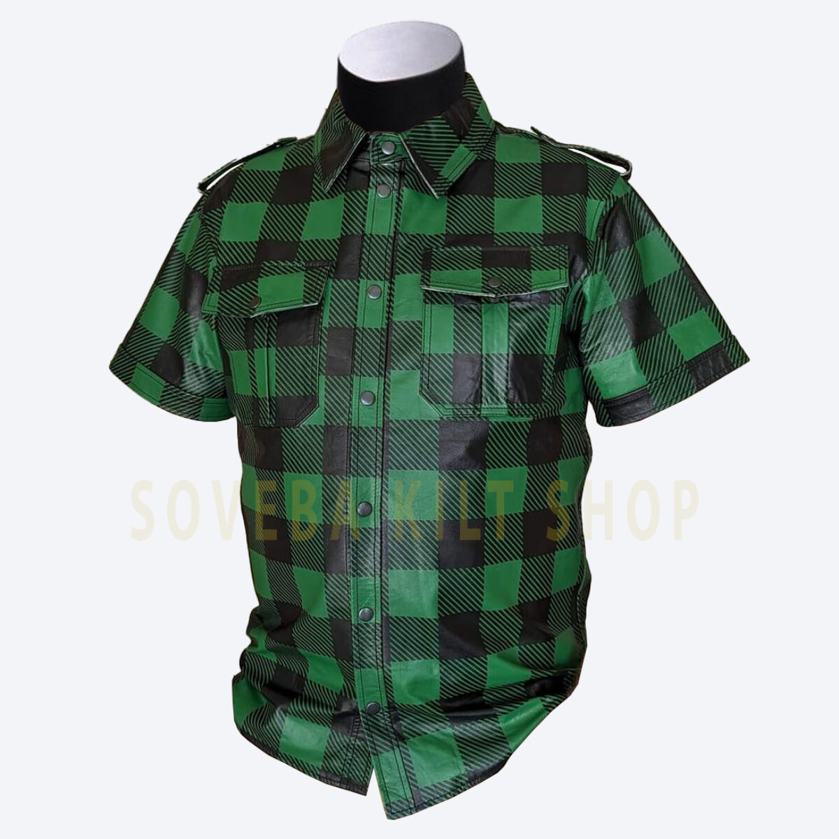 Green Plaid Leather Shirt – Lumberjack Style BLUF Fetish Shirt