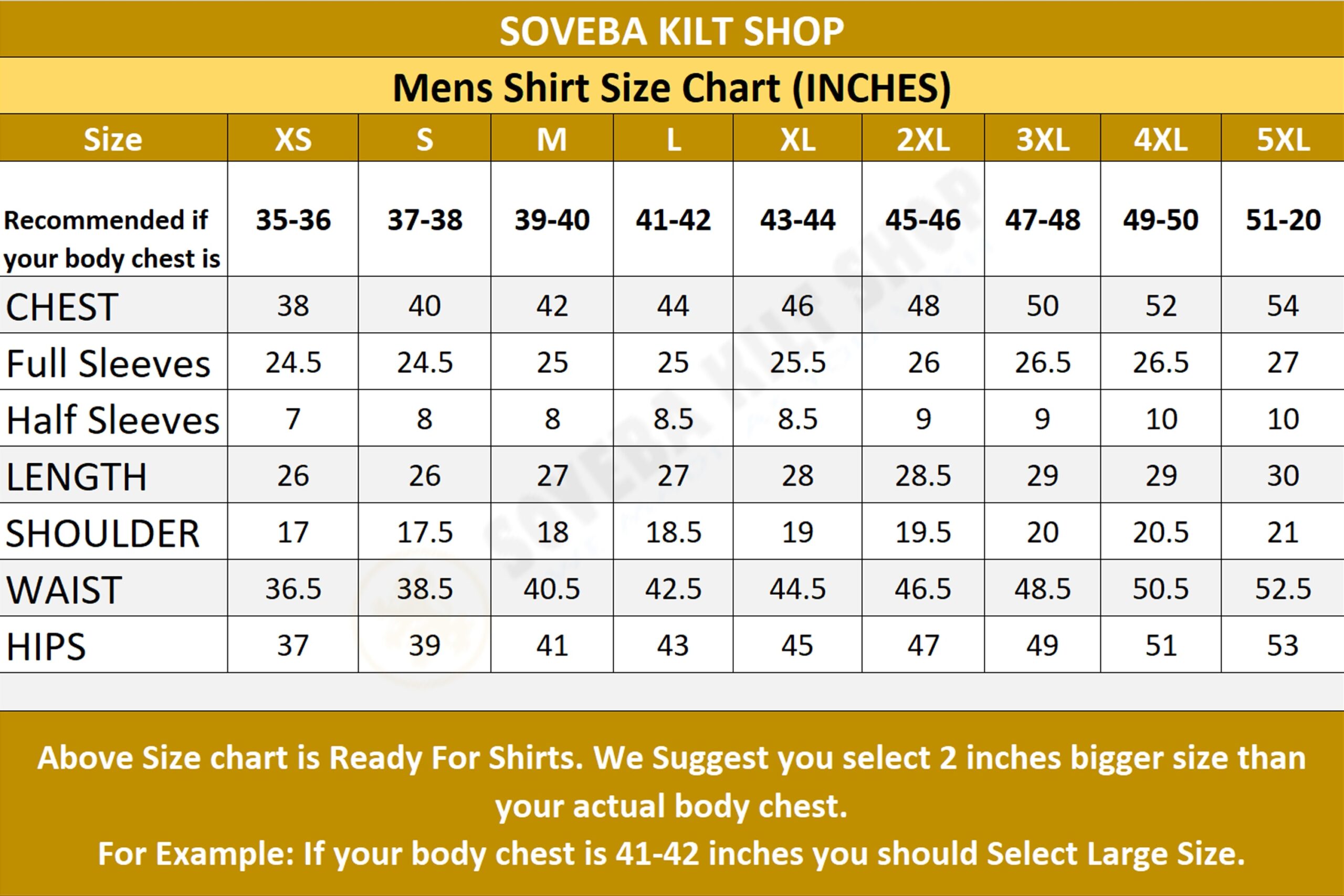 Shirts Size Chart Mens