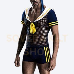 Gay Sailor Costume for Men | Real Leather Mesh Shirt, Shorts And Neckerchief / Tie