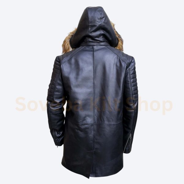 Faux Fur Hooded Leather Coat Men - Image 2