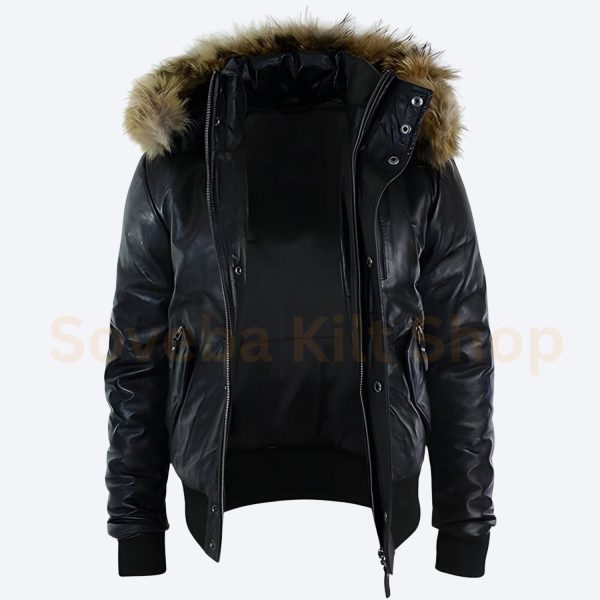 Faux Fur Hooded Leather Jacket Men - Image 3
