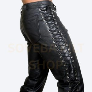 black laceup leathre pant men