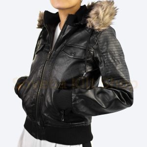 Faux Fur Hooded Leather Jacket For Women