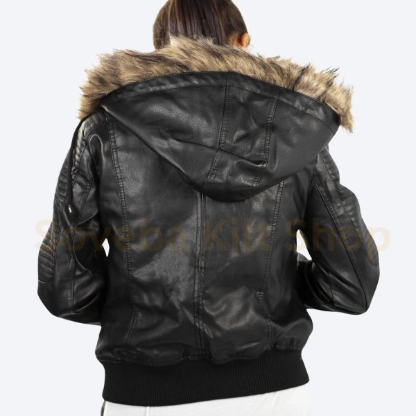 Faux Fur Hooded Leather Jacket For Women - Image 2