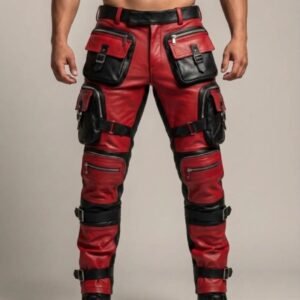 Men's Red & Black Tactical Leather Cargo Pants – Gothic Cyberpunk Steampunk Biker Trousers, 