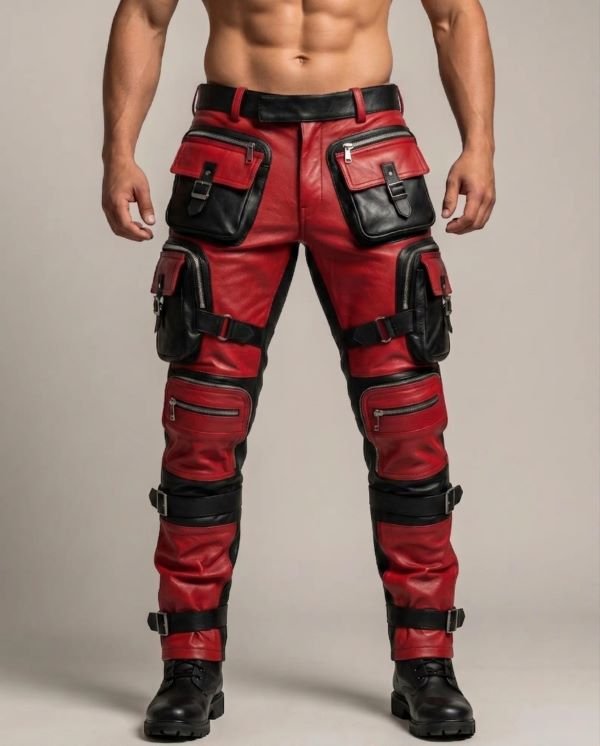 Men's Red & Black Tactical Leather Cargo Pants – Gothic Cyberpunk Steampunk Biker Trousers,