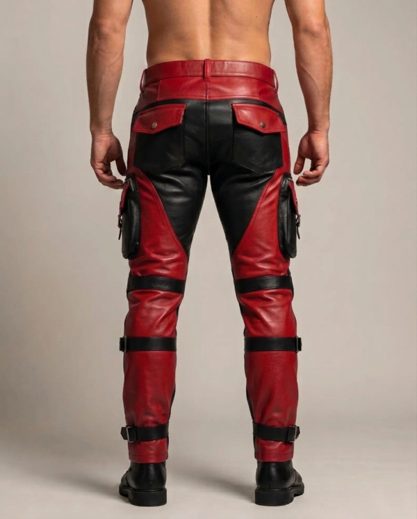 Men's Red & Black Tactical Leather Cargo Pants – Gothic Cyberpunk Steampunk Biker Trousers, - Image 3