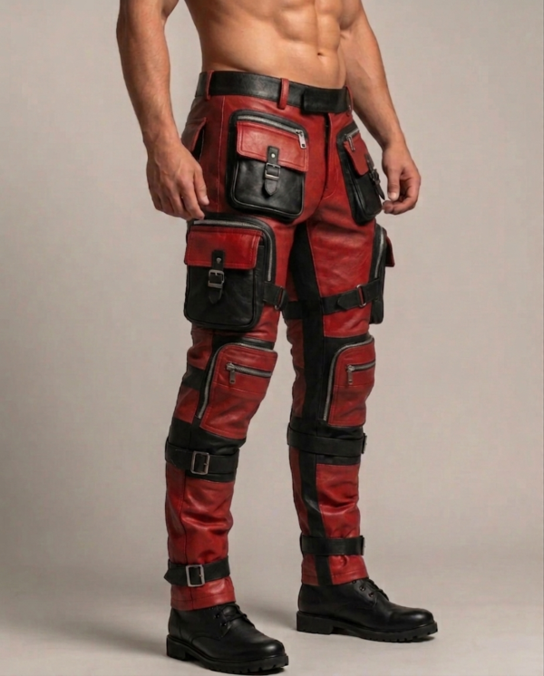 Men's Red & Black Tactical Leather Cargo Pants – Gothic Cyberpunk Steampunk Biker Trousers, - Image 4