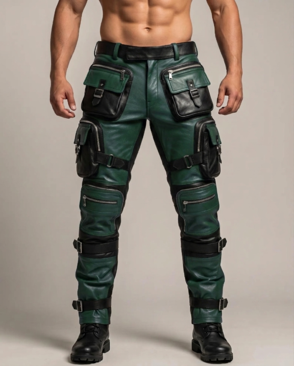 Men's Red & Black Tactical Leather Cargo Pants – Gothic Cyberpunk Steampunk Biker Trousers, - Image 5